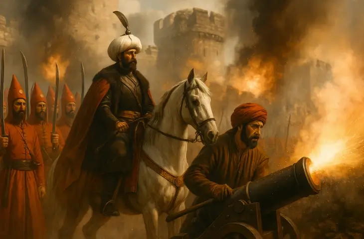 Osmanlı topçu birliklerinin Şahi ve döküm toplarla ateş açtığı sırada Fatih Sultan Mehmet’in at üzerinde cephe hattını denetlediğini gösteren tarihsel canlandırma.